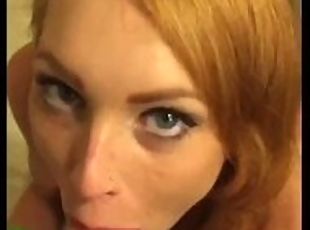 Beautiful redhead blue eyes give head in bathroom, swallow and get caught