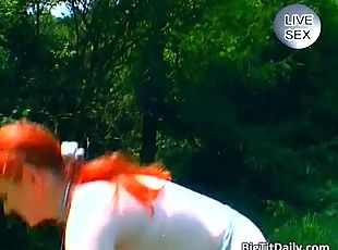 Busty redhead slut finger fuck her wet hairy pussy outdoor