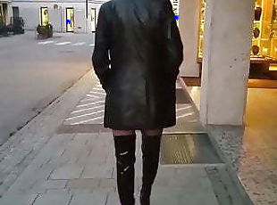 Walking in village stockings thigh high boots