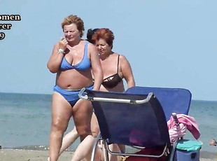 nagymell, nagymama, nagyi, asszonyok, kamera, tengerpart, kukkolás, természetes, mellek, bikini