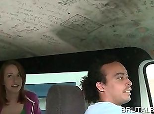 Adorable redhead talked into banging in bus