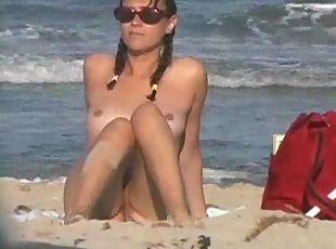 nudista, câmara, praia, vigia