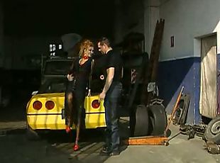 Car repair worker banging street slut on a car making its owner as angry as hell